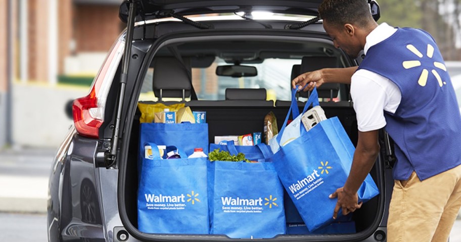 placing walmart groceries in back of car