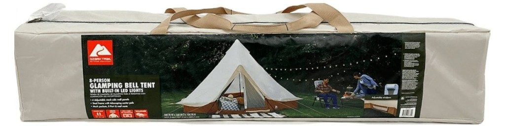 Eight person glamping tent in storage bag