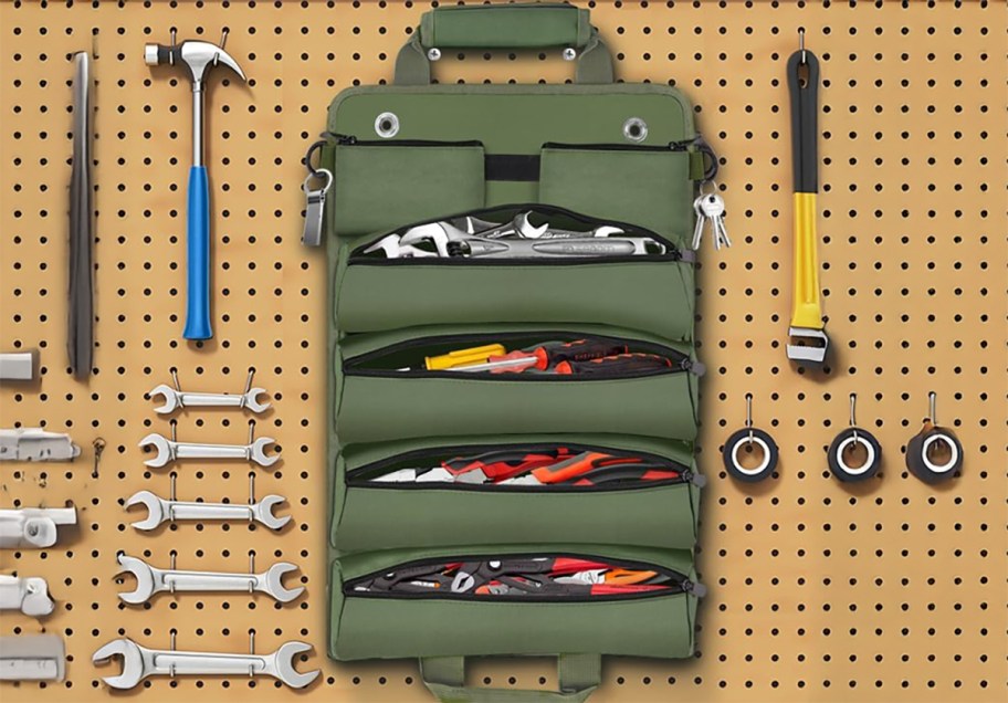 roll up tool bag on a peg board 