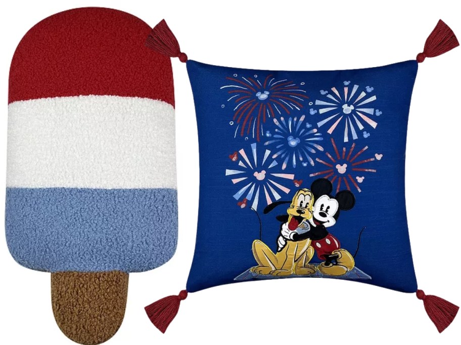 a red, white, and blue popsicle shaped throw pillow and a Disney Americana throw pillow