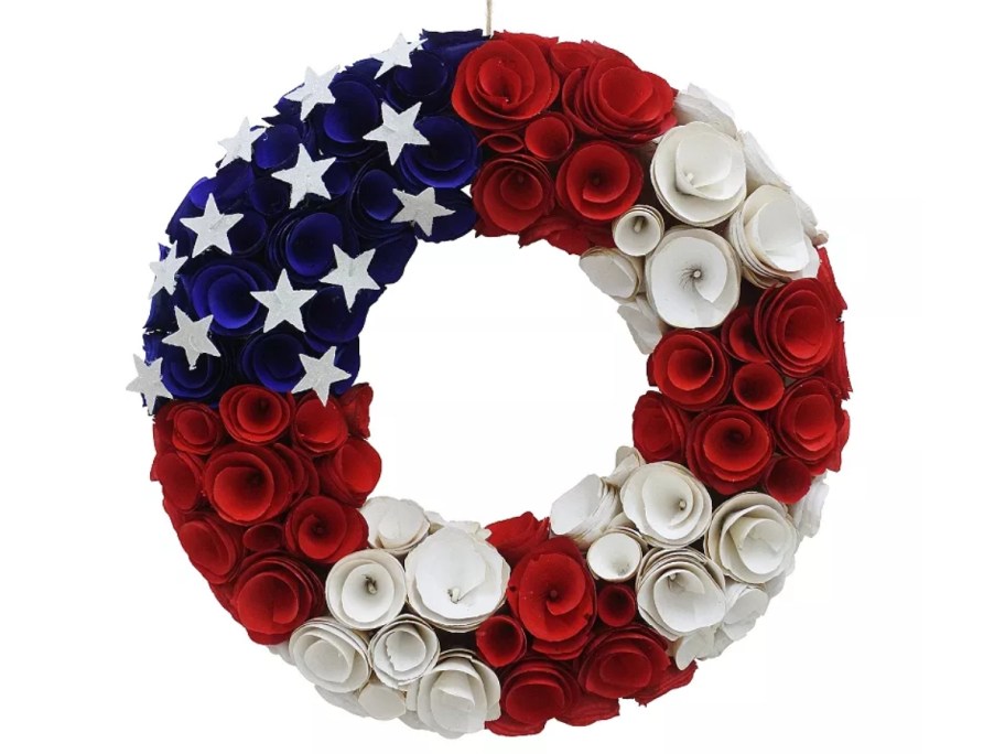 a wood curl red, white, and blue American flag wreath