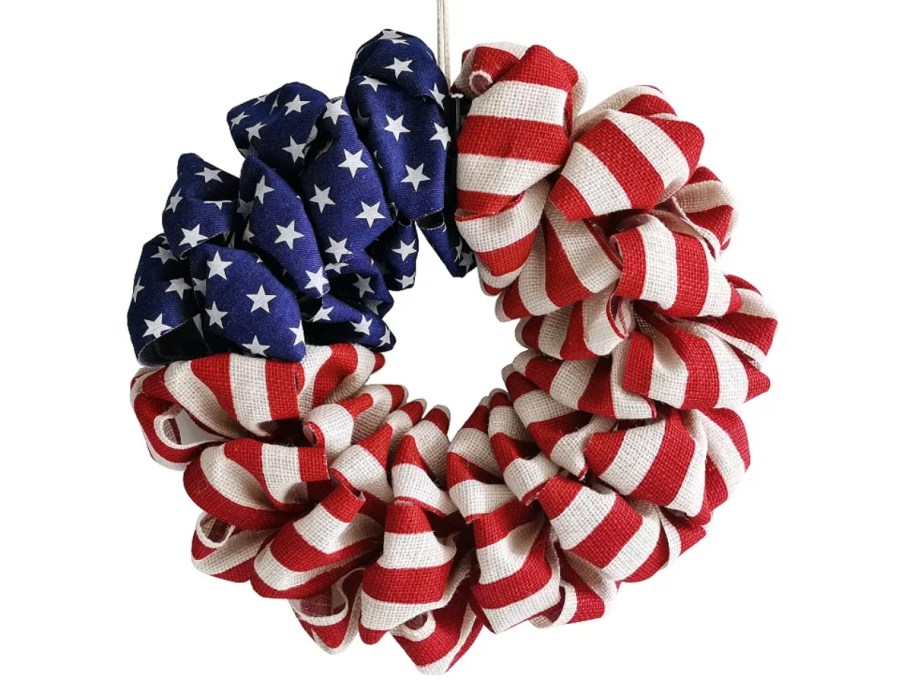 a burlap red, white, and blue American flag wreath
