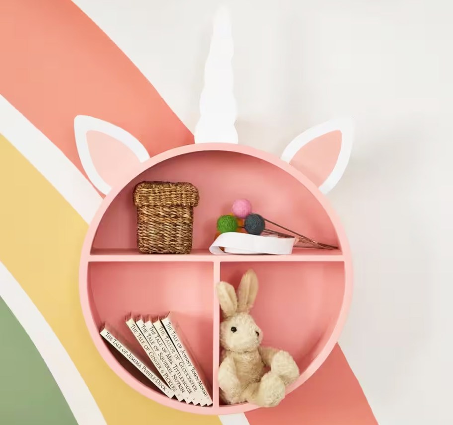 round pink unicorn head wall shelf
