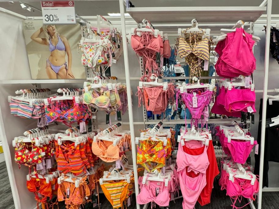 A Wall of Swim tops and Bottoms at Target