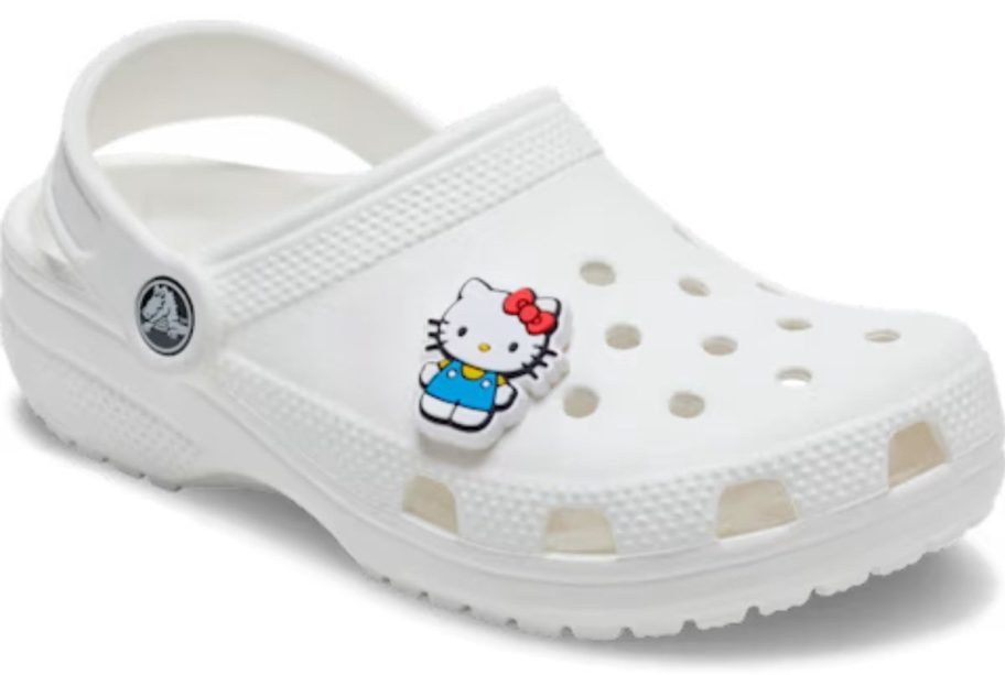 Waving Hello Kitty Jibbitz Charm on white crocs