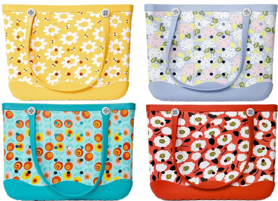 4 printed totes on a white background