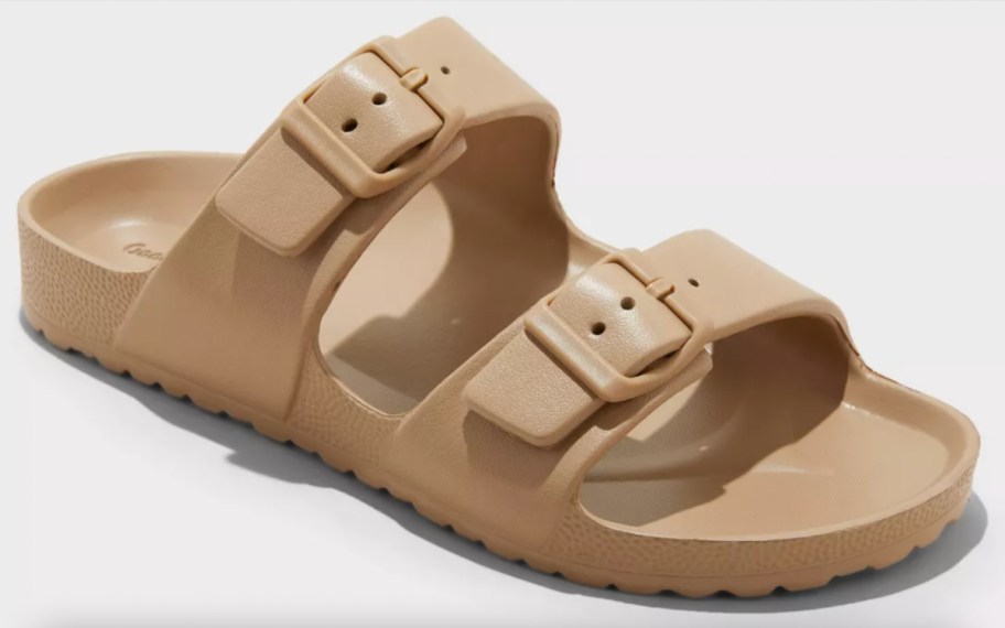 tan two band sandals with buckle