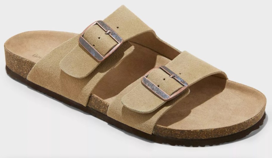 tan suede footbed sandals with two bands and buckles