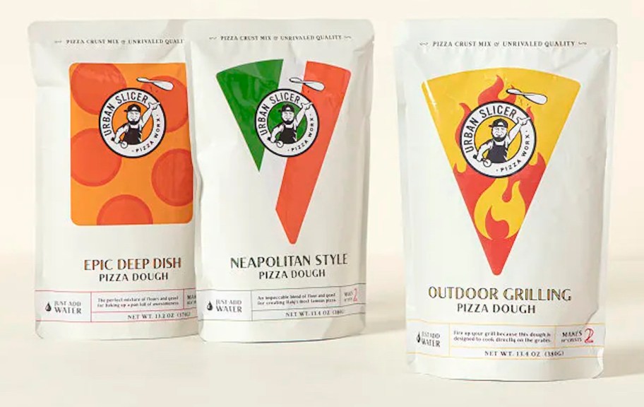 three bags of different kinds of pizza dough