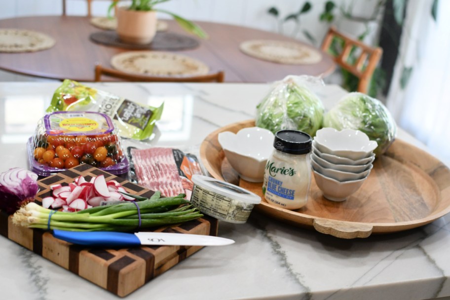 wedge salad board ingredients on the counter 
