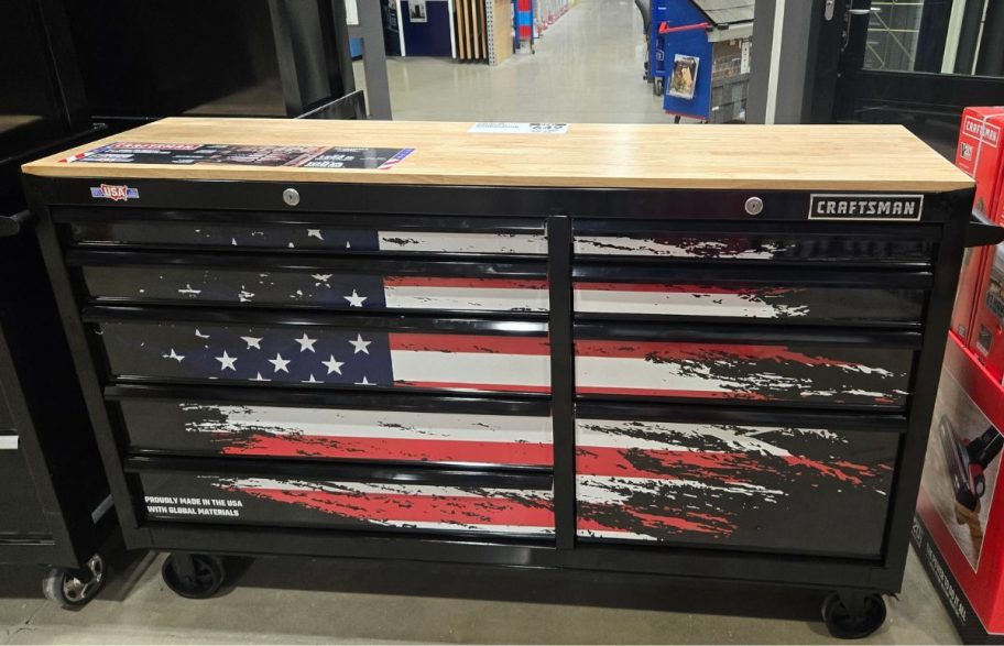 A Craftsman 9-Drawer Rolling Patriotic Workstation