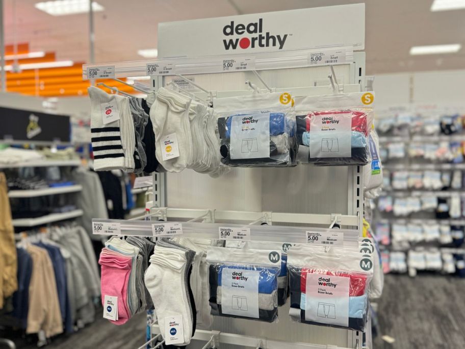 Display of Dealworthy socks and underwear at Target