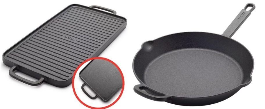 greenpan x bobby flay griddle and grill along side a ceramic pan