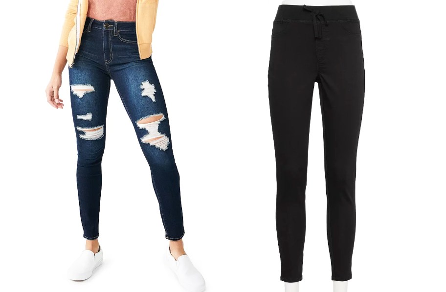 jeans in dark wash distresses and black colors