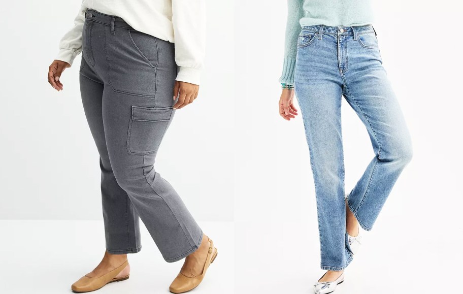 two women in grey and light wash jeans