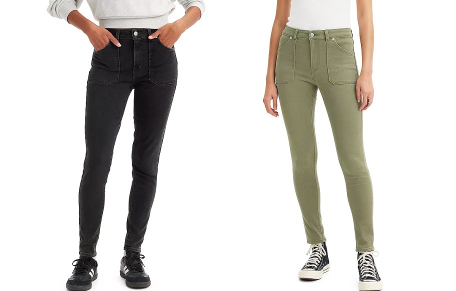 two women in black and green skinny jeans