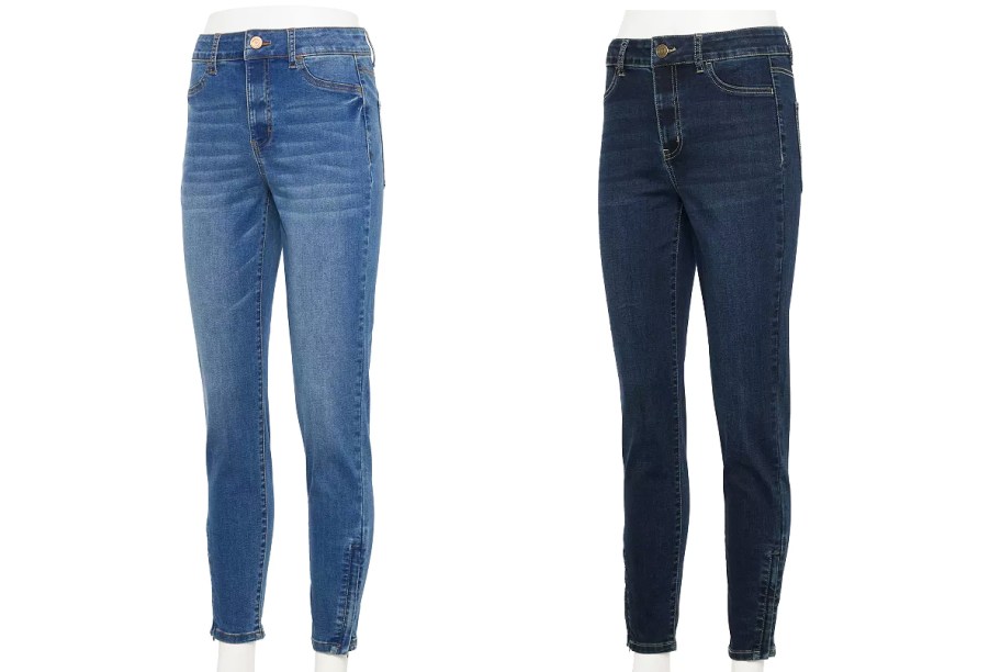 two pairs of jeans in medium and dark washes