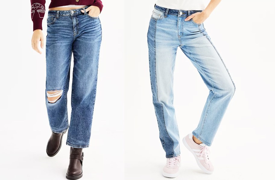 two women in light and medium wash jeans