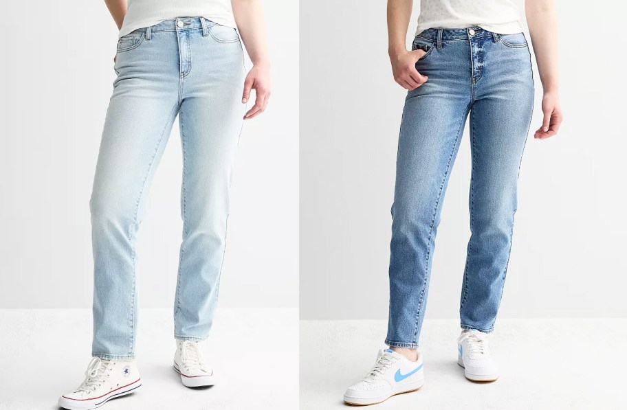 two women in light and medium wash jeans