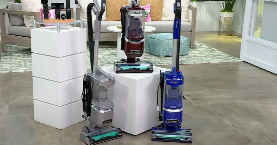 3 Shark Detect Lift-Away Vacuums in Purple Ash, Burgundy, and Blue Iris