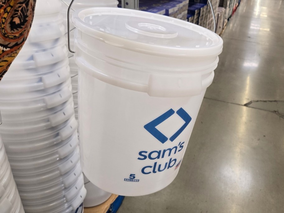 hand holding a white 5-gallon Sam's Club bucket by the handle in a store aisle