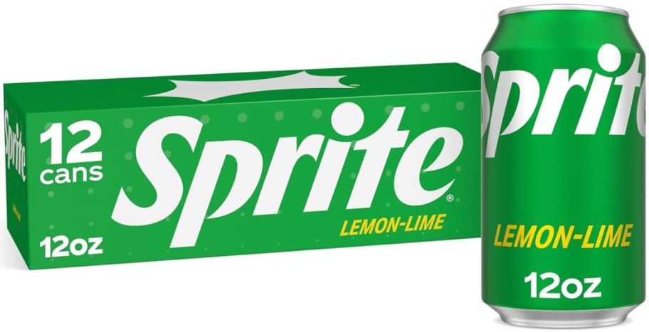 case of Sprite with a large can in front of it