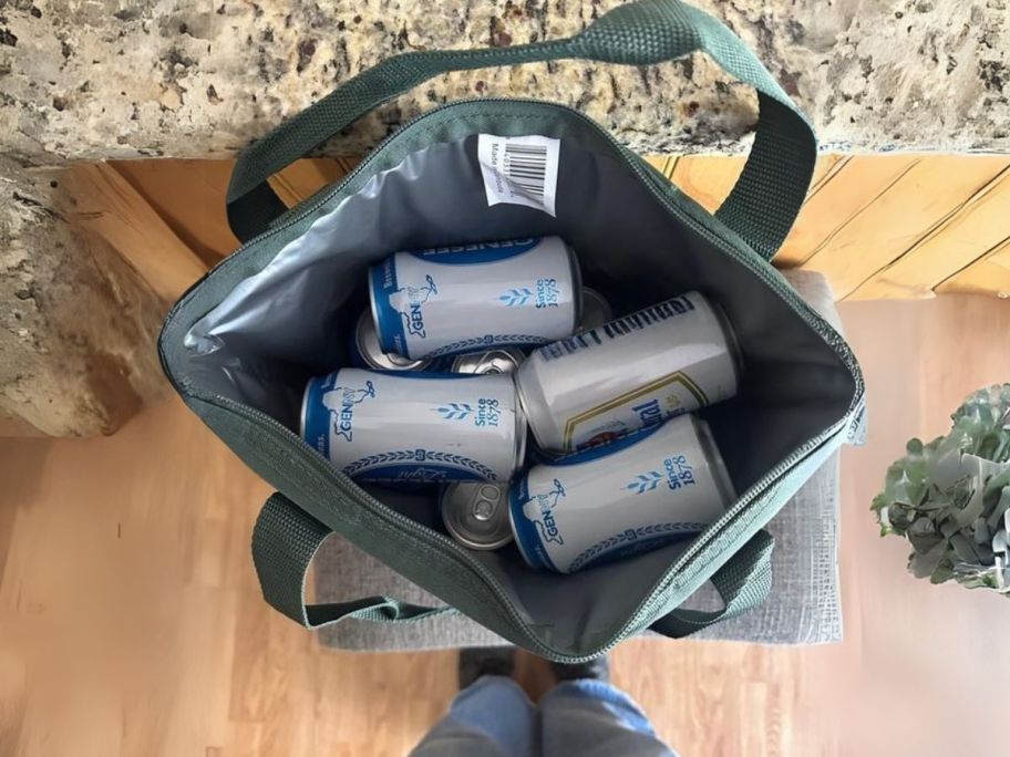 Ozark Trail 12-Can Soft Cooler Tote on floor filled with cans