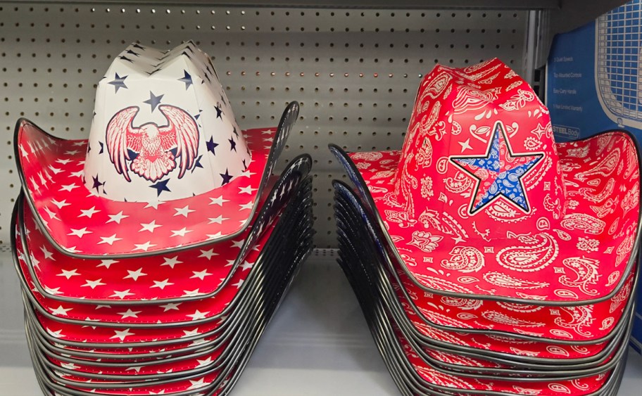 red and white patriotic cowboy hats on shelf 