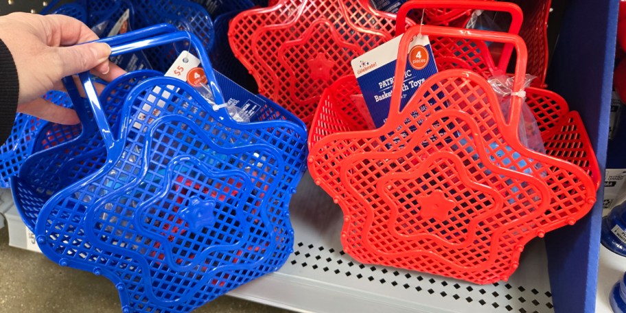 hand holding blue and red bags