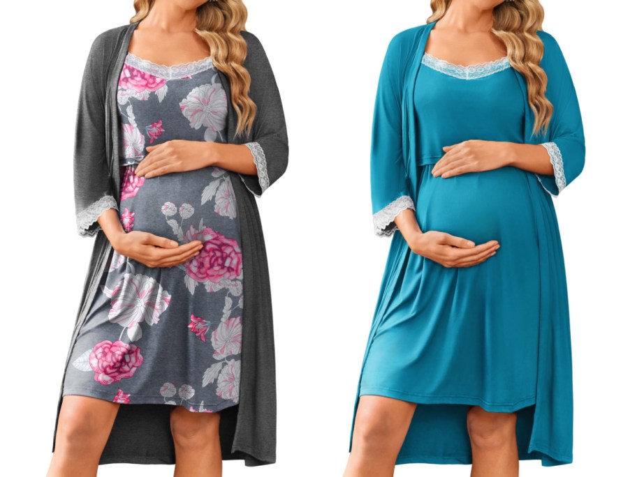 Two women holding their pregnancy bellies wearing different maternity dresses