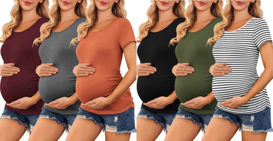 six women wearing different color amazon maternity t-shirts