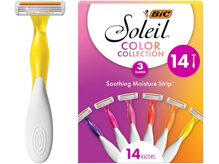 yellow and white razor next to a box of colorful razors