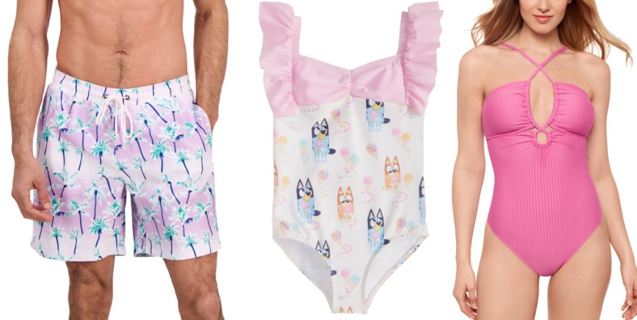 Macys mens trunks, kids one piece and womens once piece displayed 