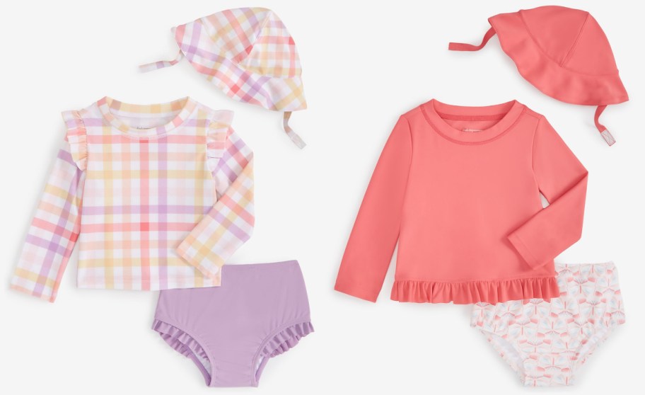 Macys three pieces baby girl swim sets in plaid and pink