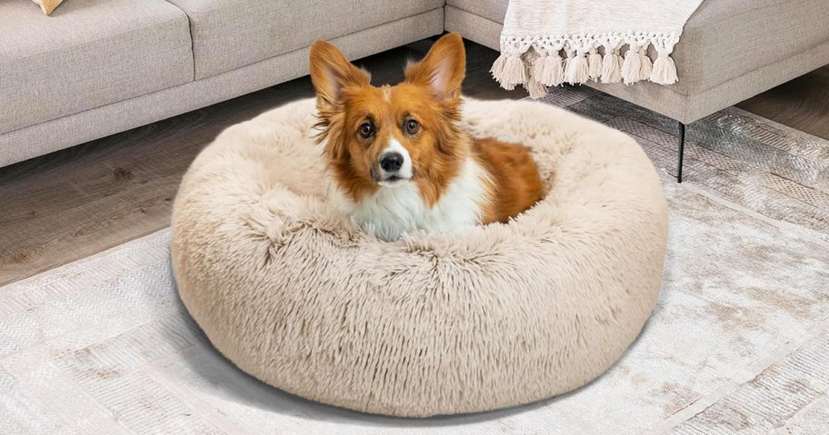 dog inside a taupe faux fur donut pet bed