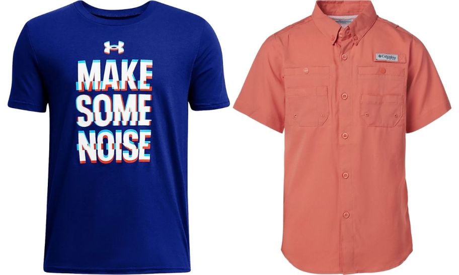 a blue under armour graphic tee shown with an orange button down shirt