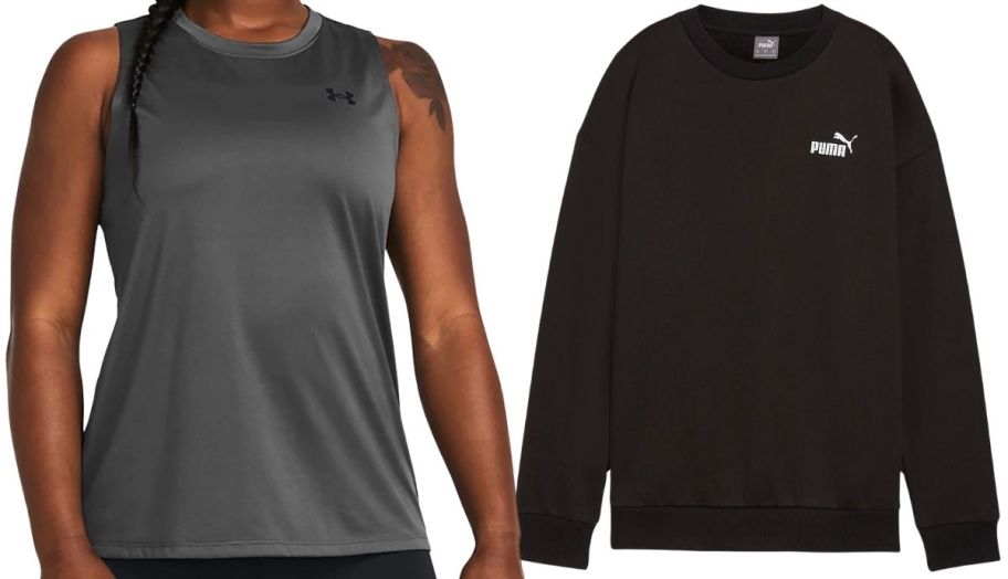 a woman in a gray tank top shown with a black crewneck sweatshirt