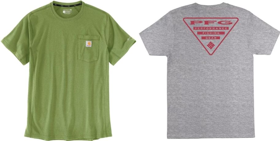 avocado green mens tee shown with heather gray mens tee