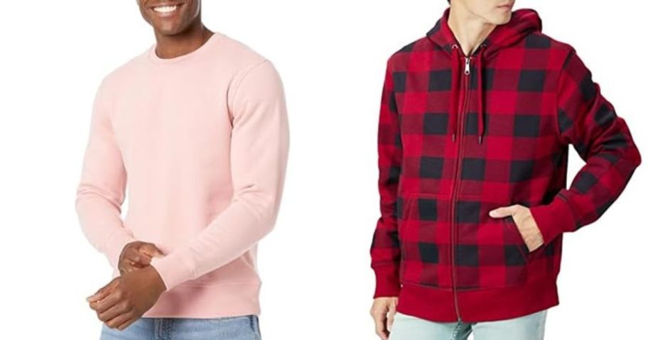 two men wearing aamazon essentials pink long sleeve shirt and a buffalo plaid sweater