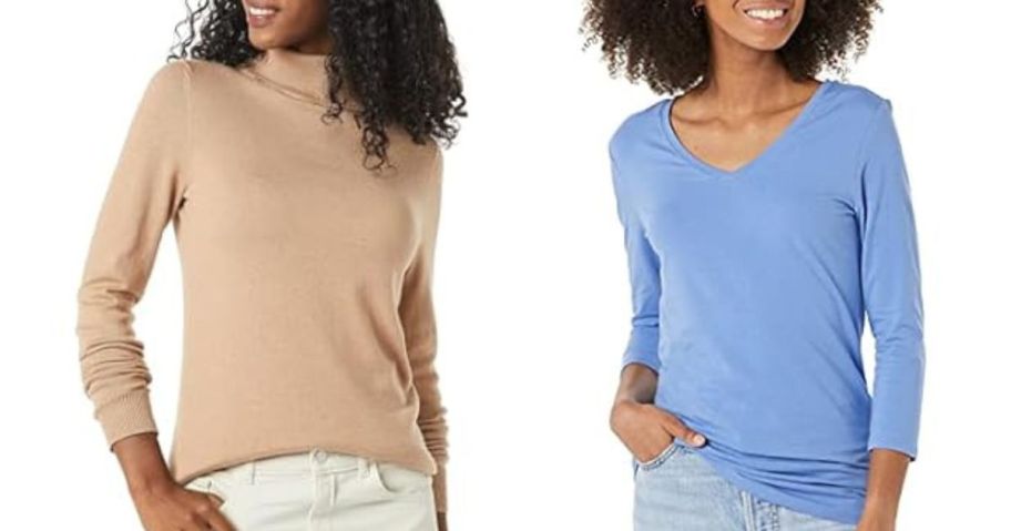 two women wearubg amazon essentials beige sweater and blue long sleeve shirt