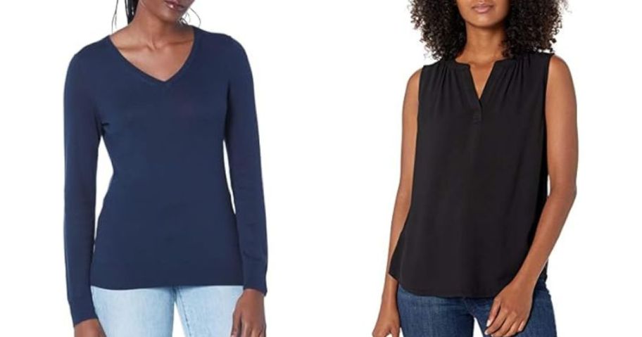 two women wearing amazon essentials tops in blue and black