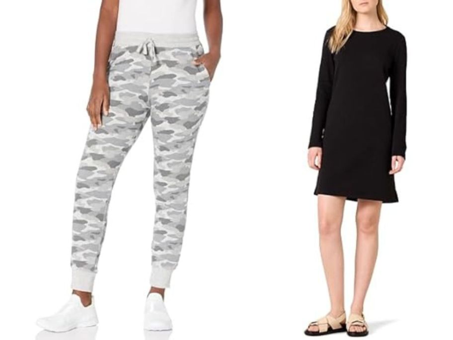 two women wearing amazon essentials grey camo pants and a black dress