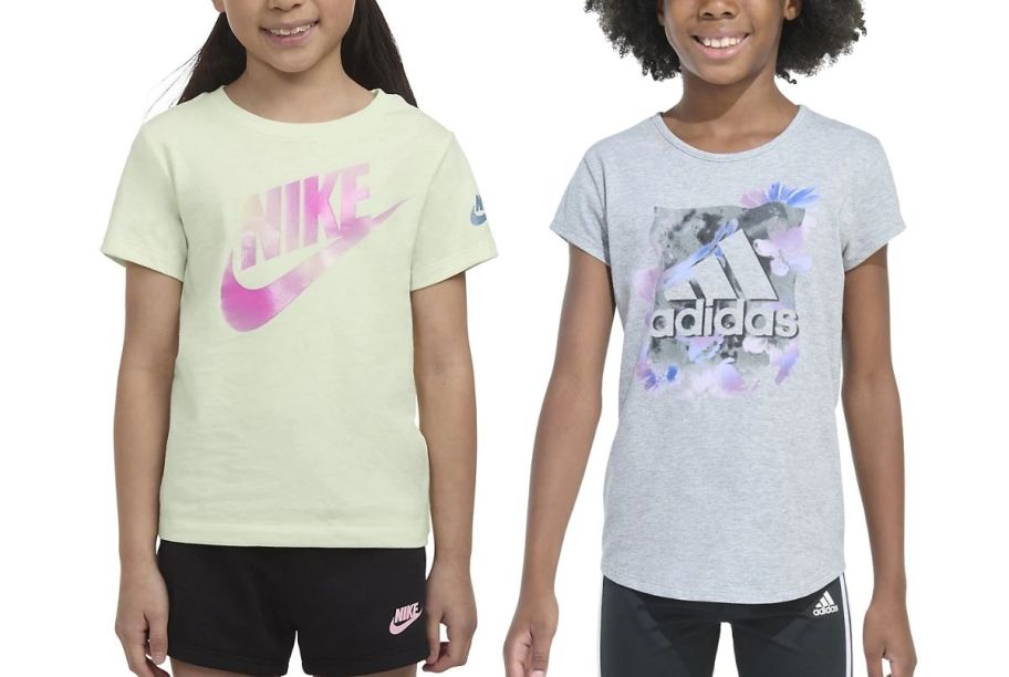 two girls in graphic athletic tees