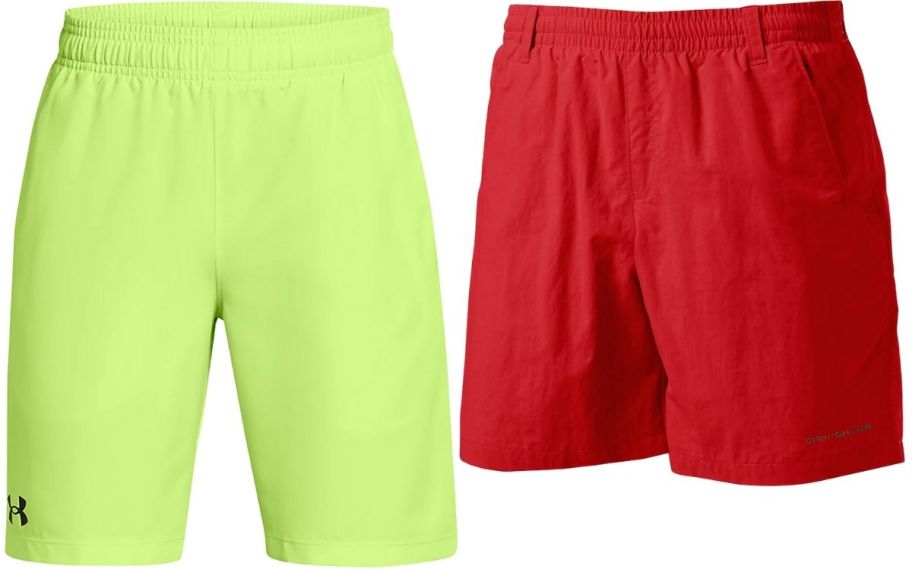 a pair of lime green kids shorts shown with a pair of red kids shorts