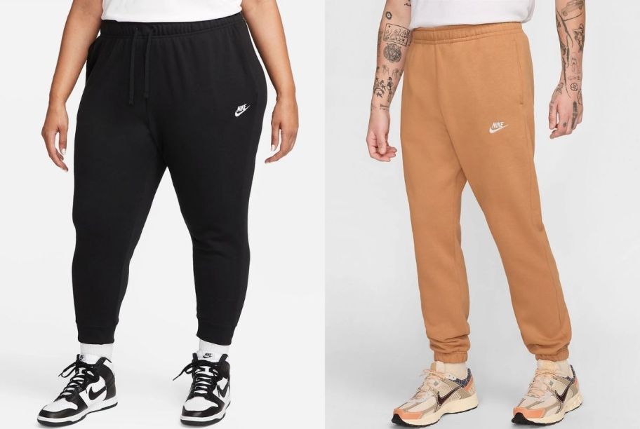 a plus size woman in black joggers and a man in orange joggers