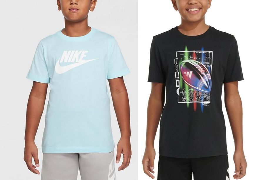 two boys in graphic athletic logo tees