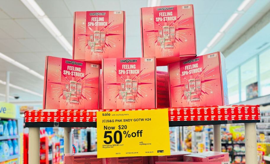 soap and glory giftsets on display in a walgreens store
