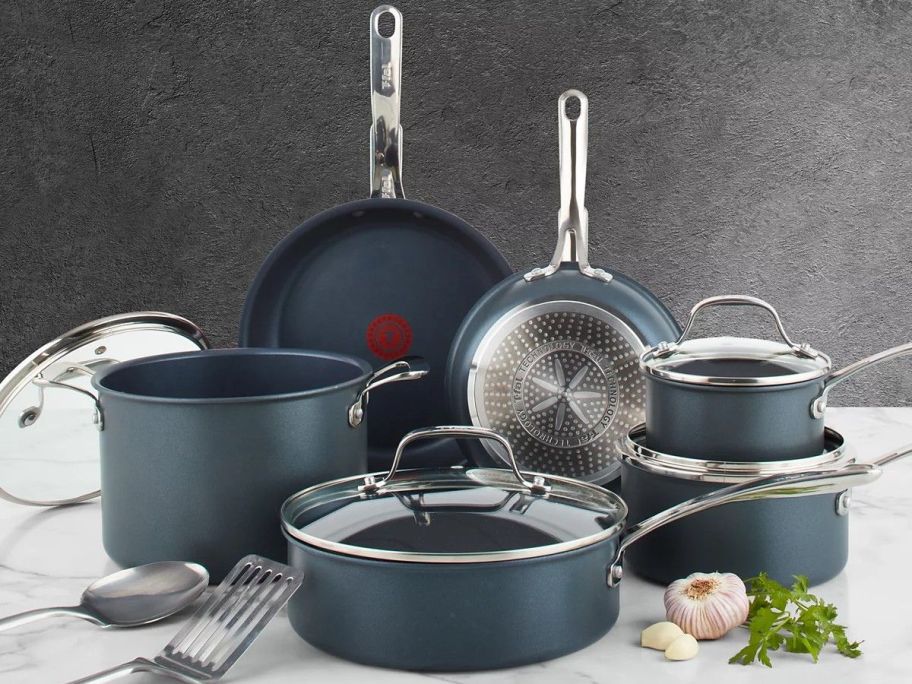T-Fal Platinum Aluminum Nonstick Cookware Set on counter