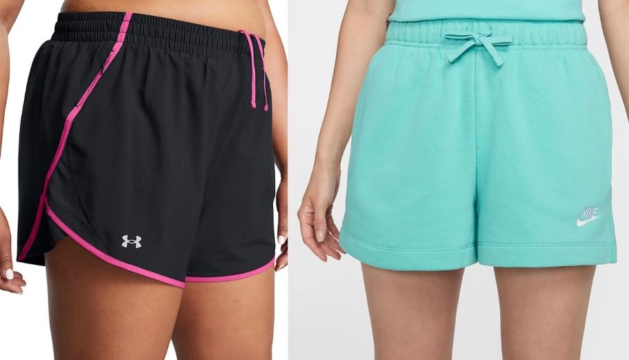 a woman in black and pink shorts shown with a woman in aqua shorts