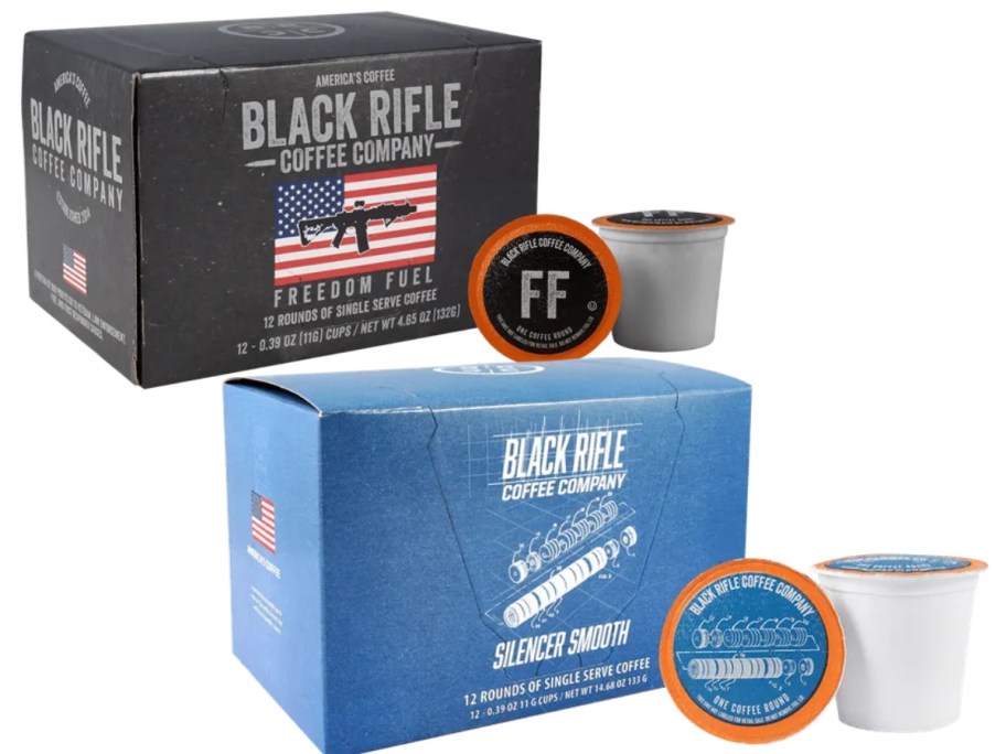 2 small boxes of Black Rifle Coffee K-Cups, individual K-cups in front, one box black with a flag, one blue